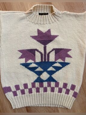 Vintage Wool Sweater Tulip Floral Cream Purple Blue Medium Mock Neck